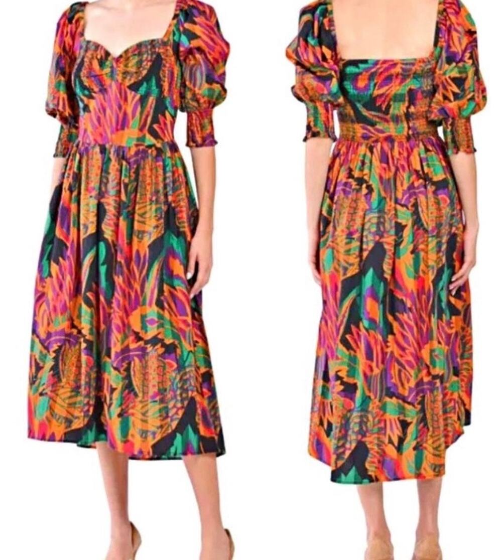 House of Harlow 1960 Nicole Richie Tropical Print Puff Sleeve Midi Dress S